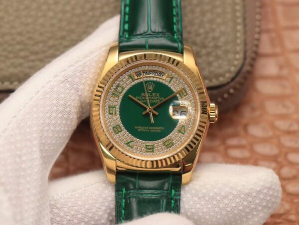 Rolex Day-Date 36mm Green Enamel Diamond Gypsophila Hot Replica Watches Gold Dial Watch