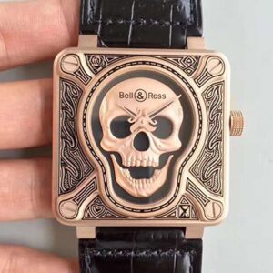 Bell & Ross BR 01 Hot Replica Watches Skull Bronze Rose Gold and Black Dial