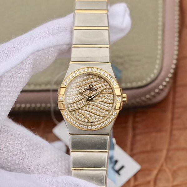 Omega Constellation Ladies 27MM TW Factory Hot Replica Watches Yellow Gold Textured Diamond Dial