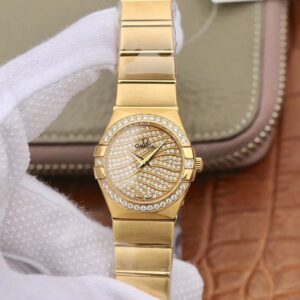 Omega Constellation Ladies 27MM TW Factory Hot Replica Watches 18K Yellow Gold Textured Diamond Dial