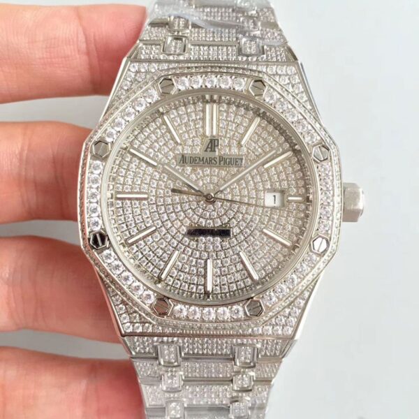 Audemars Piguet Royal Oak 15400.OR Hot Replica Watches Full Diamond White Dial