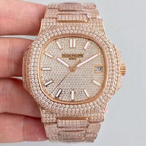 Patek Philippe Nautilus Jumbo 5719/10G-010 Hot Replica Watches Rose Gold Full Diamond Dial