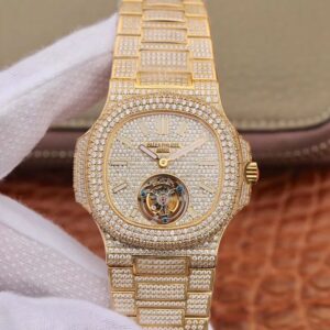 Patek Philippe Nautilus Jumbo 5711 Tourbillon R8 Factory Hot Replica Watches 18K Yellow Gold Diamond Dial