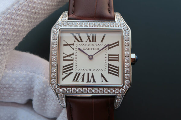 Cartier Santos WH100651 V6 Factory Diamond Hot Replica Watches Brown Strap - Hot Replica Watches