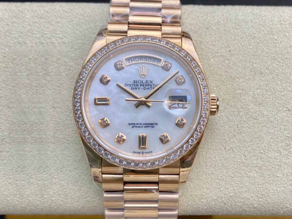 Rolex Day Date 128238 EW Factory Hot Replica Watches Rose Gold Watch Strap - Hot Replica Watches