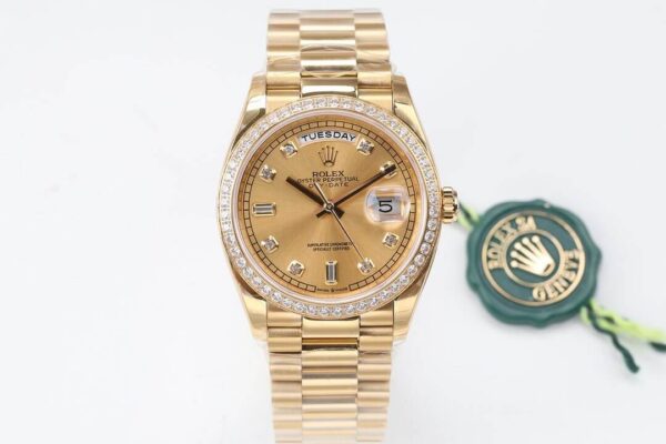 Rolex Day Date M128348RBR-0008 EW Factory Hot Replica Watches Diamond Gold Dial - Hot Replica Watches