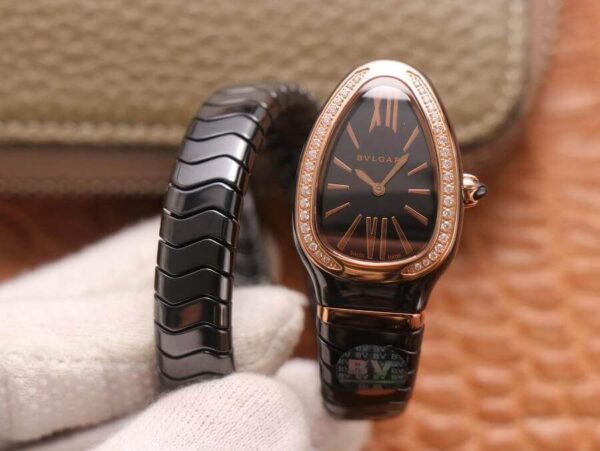 Bvlgari Serpenti 102532 BV Factory Hot Replica Watches Rose Gold Diamond Black Dial - Hot Replica Watches